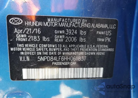 2017 Hyundai Elantra Se from USA, damaged, VIN 5NPD84LF6HH061837